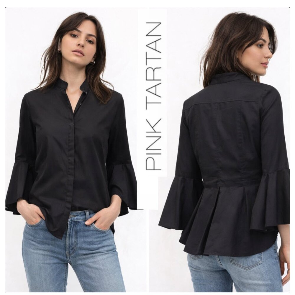 Pink Tartan Black Button Down Shirt Peplum Back Bell Sleeve Cotton 8 Preppy Chic